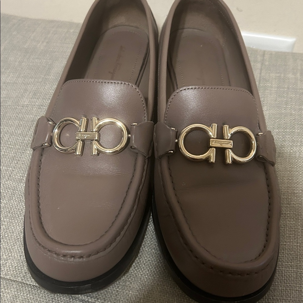 FERRAGAMO Brown Loafers with Gold Buckle